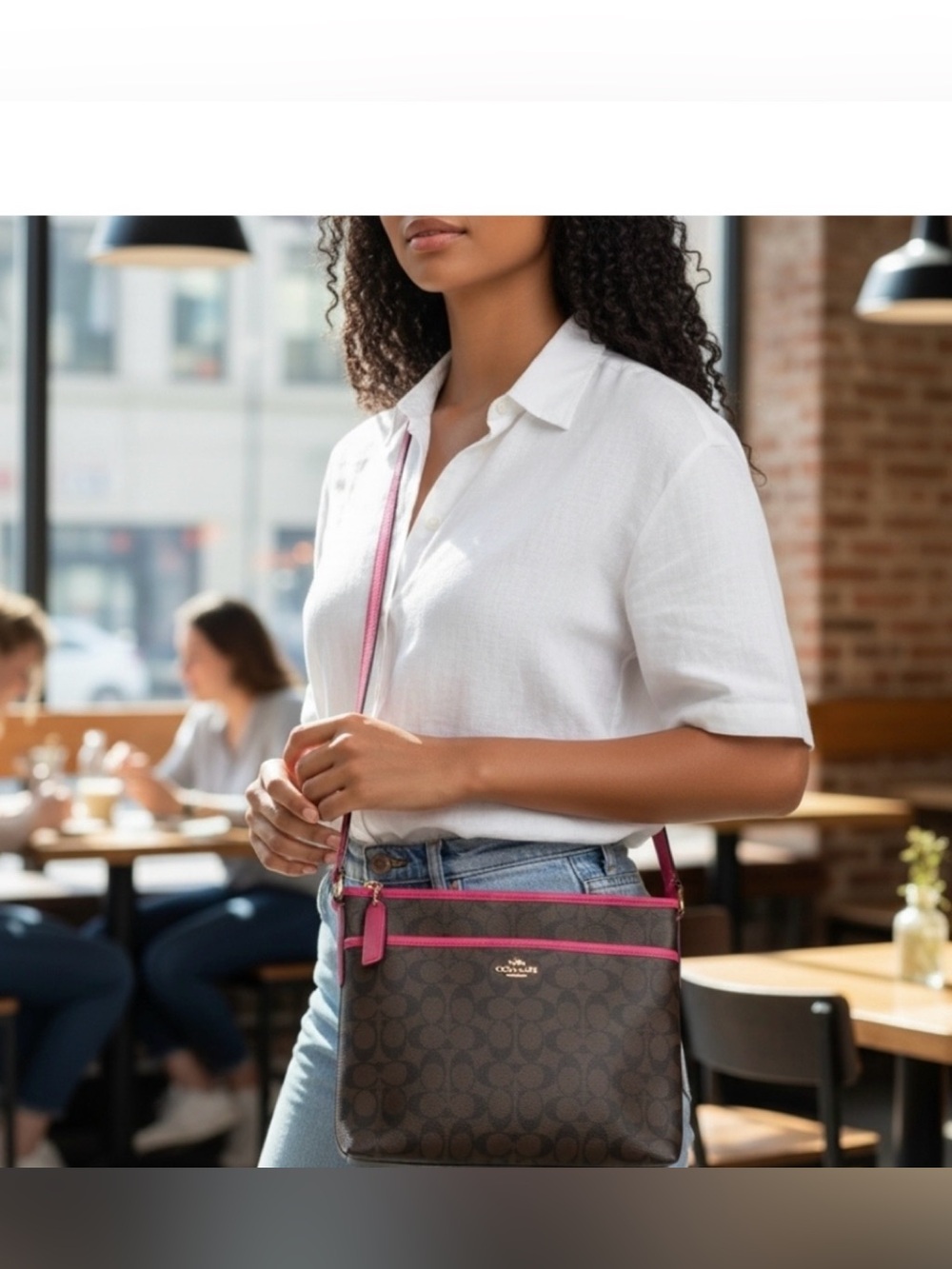 EUC Coach Brown Signature Crossbody with Pink Trim - Picture 2 of 6